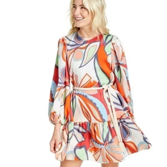 Alexis Mixed Floral Long Sleeve Rope Belt Tiered Dress - Picture 3 of 4